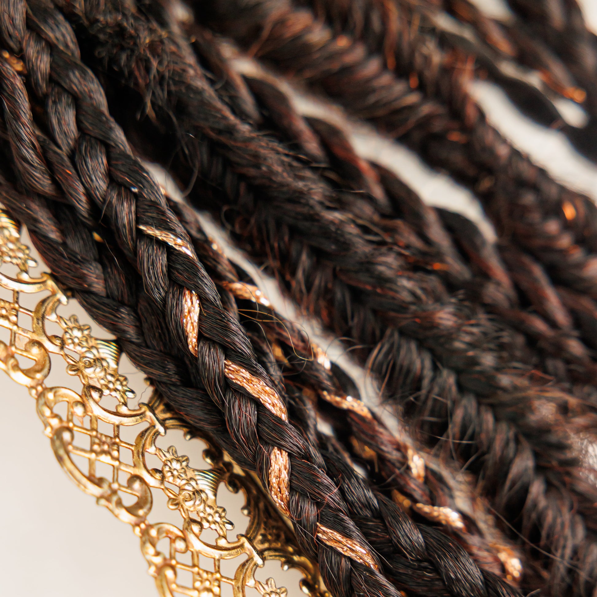 Dark braided hair with copper highlights and ornate gold accessory, showcasing rich texture and detail.