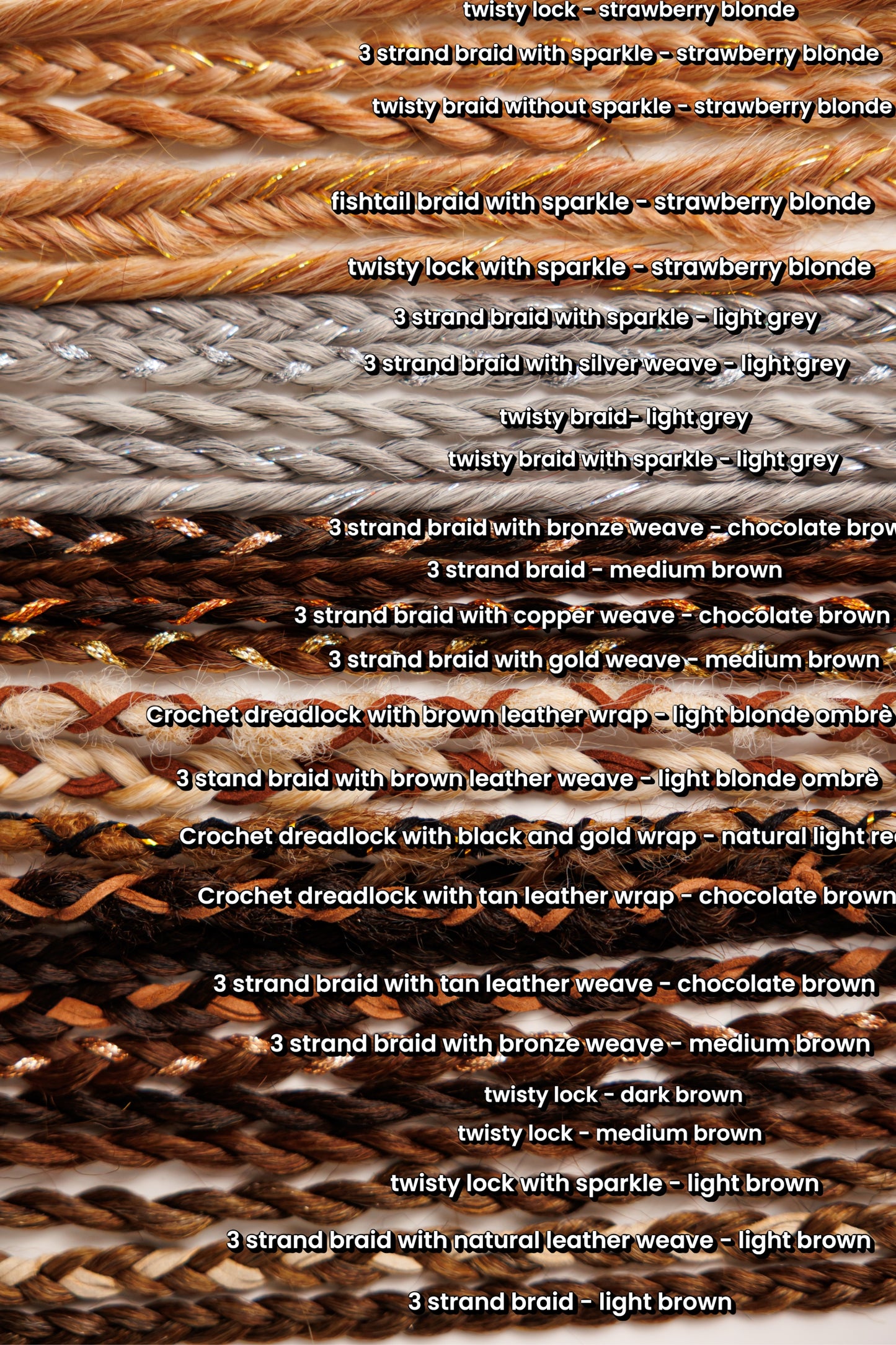 Collection of braided hair extensions with color options listed.