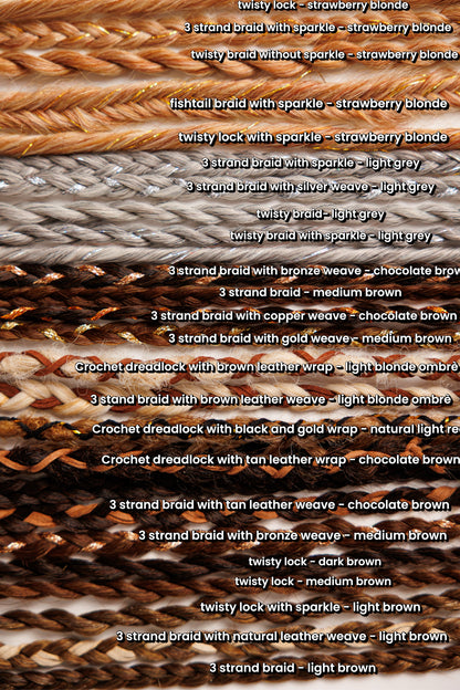 Collection of braided hair extensions with color options listed.