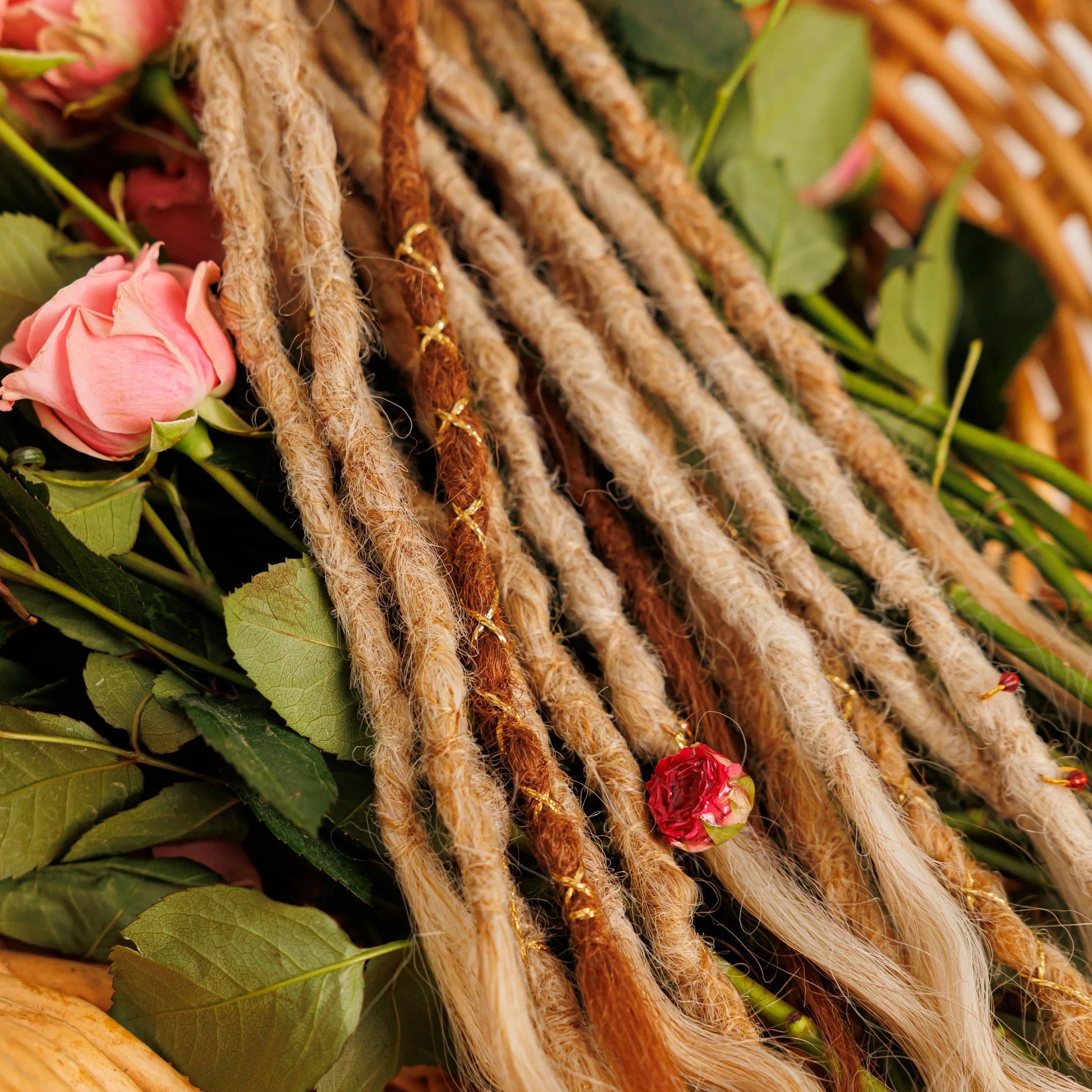 golden blonde and light red textured boho braids with shimmer threads and preserved florals