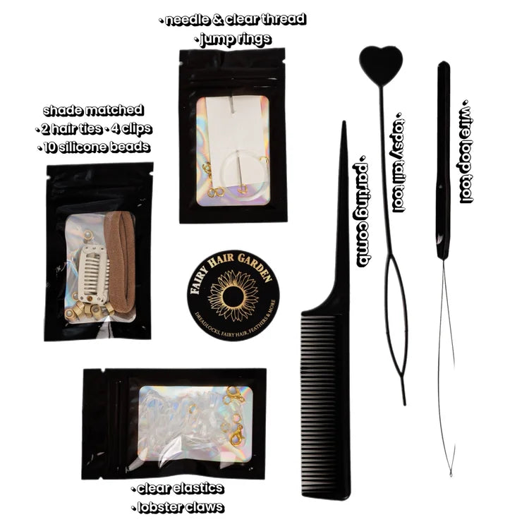 conversion kit tool with needle and clear thread jump rings shade matched 2 hair ties 4 clips 10 silicone beads parting comb topsy tail tool wire loop tool clear elastics lobster claws