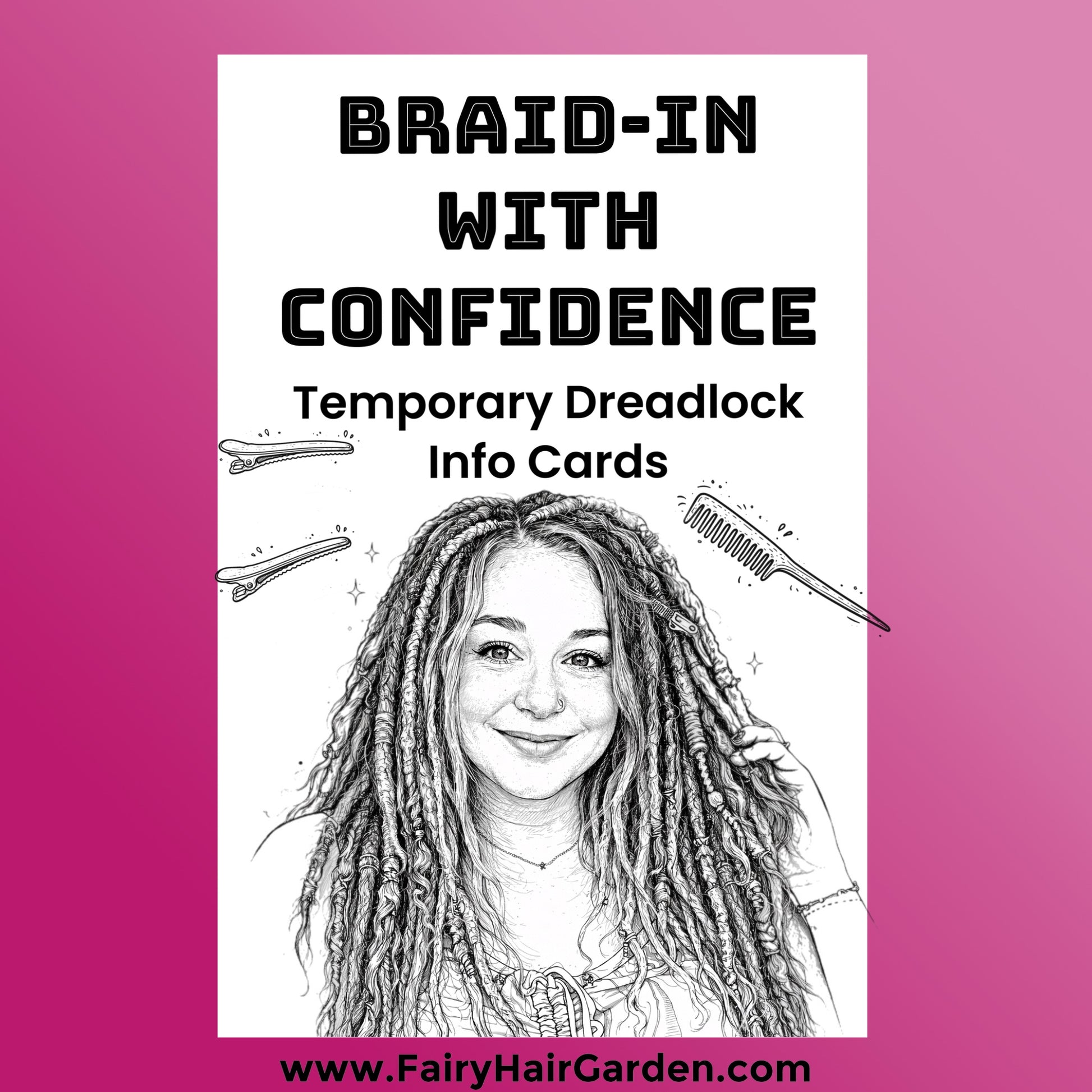 Promotional graphic for temporary dreadlock info cards with a stylized illustration of a woman with dreadlocks on a pink background.