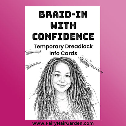 Promotional graphic for temporary dreadlock info cards with a stylized illustration of a woman with dreadlocks on a pink background.