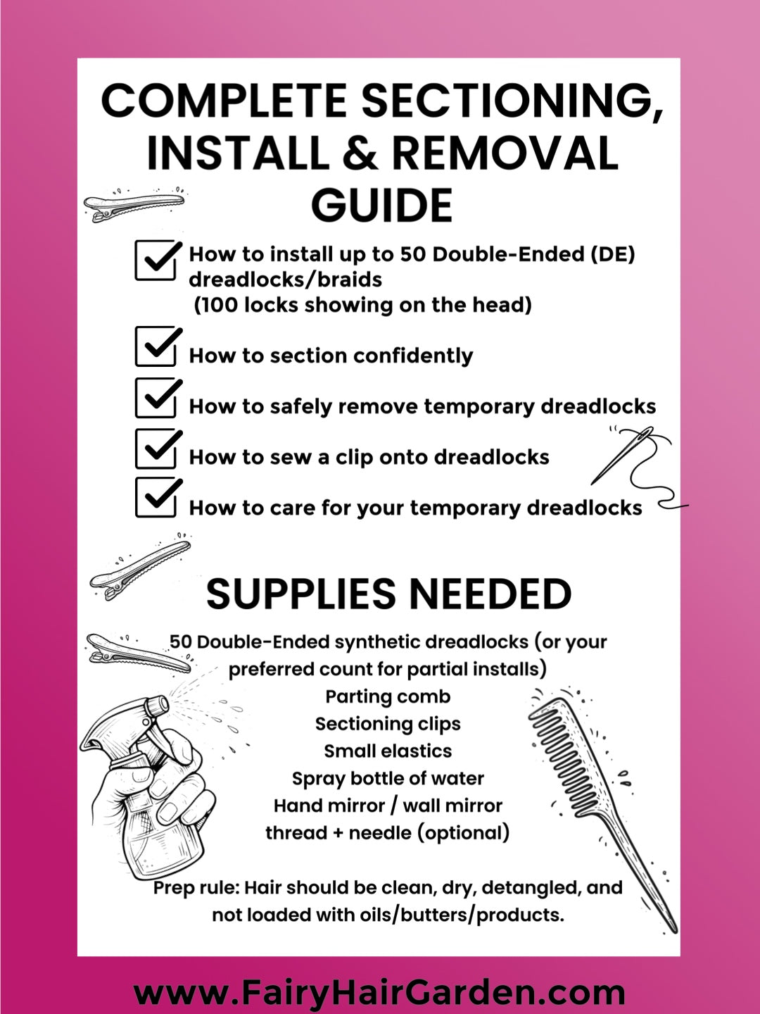 Instructional guide for sectioning, installing, and removing temporary dreadlocks on a pink background with illustrations of tools.