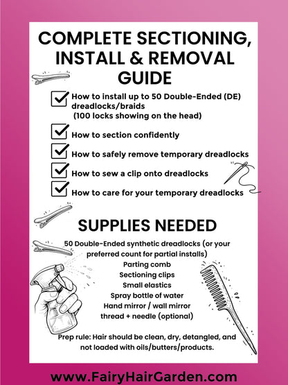 Instructional guide for sectioning, installing, and removing temporary dreadlocks on a pink background with illustrations of tools.