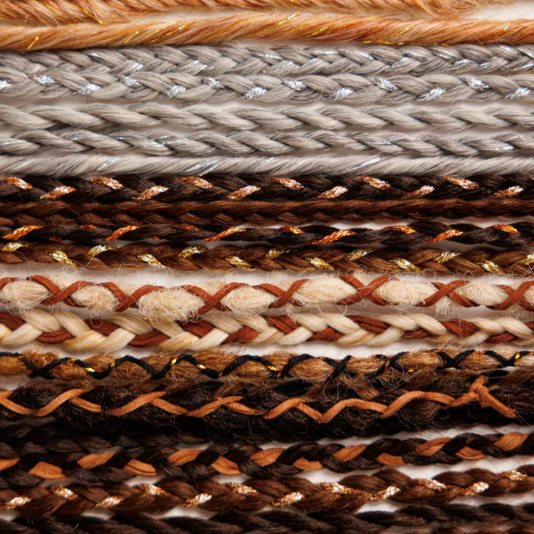 Close-up of braided boho in various brown and beige colors.