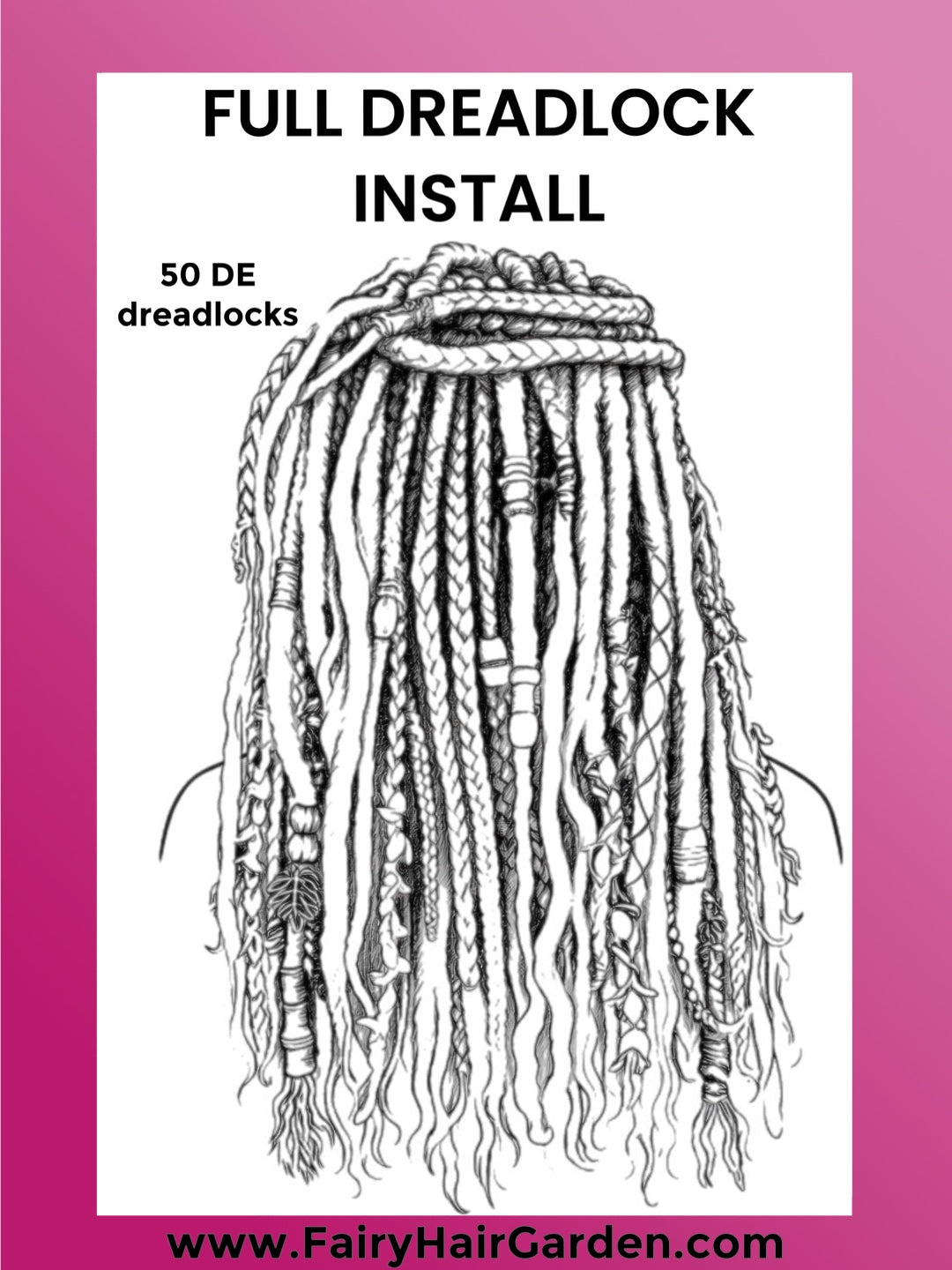 Illustration of dreadlocks with text about a full dreadlock install and a website address on a pink background.