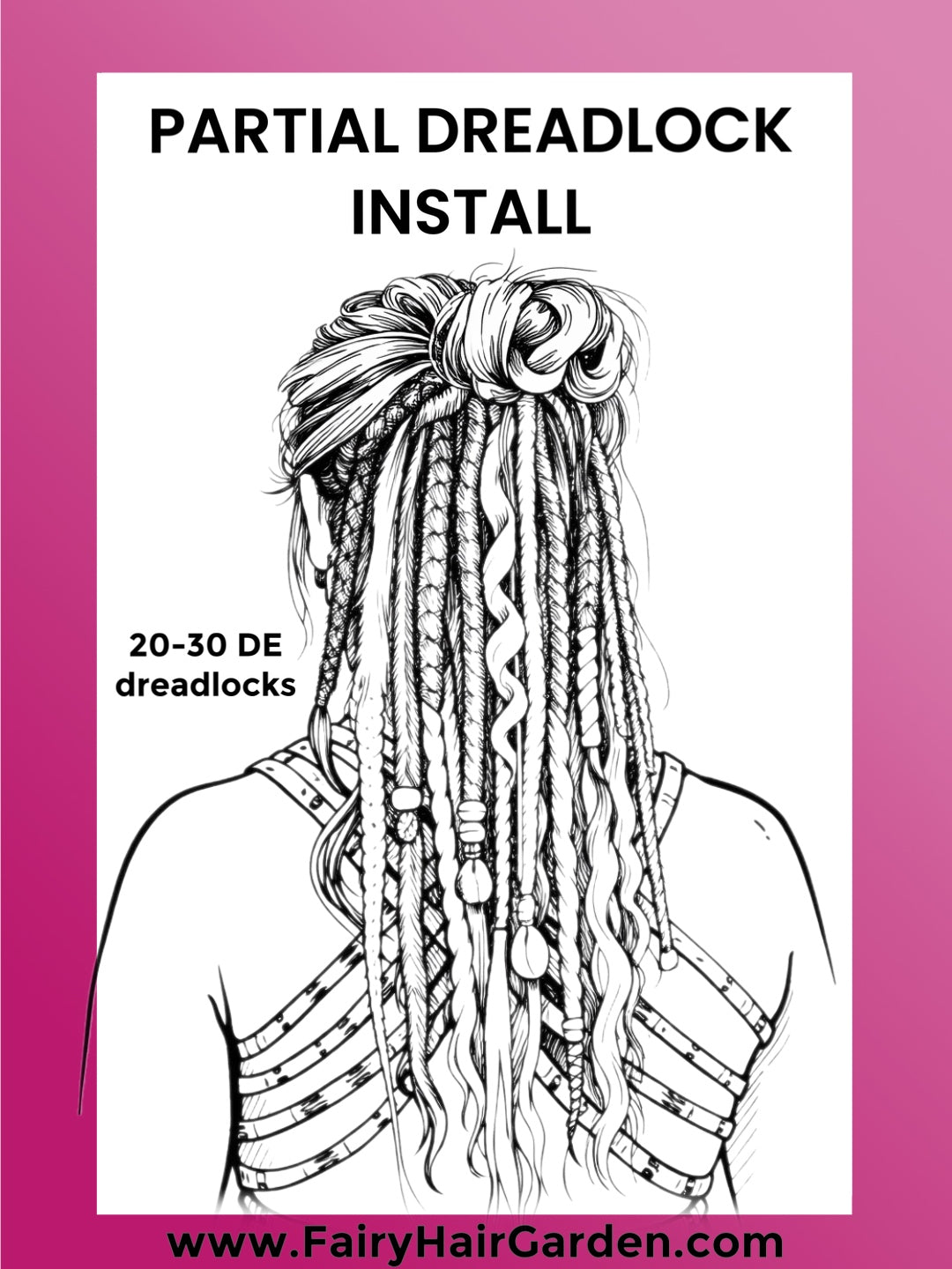 Illustration of a person with partially installed dreadlocks on a pink background with text about dreadlock installation.