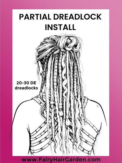 Illustration of a person with partially installed dreadlocks on a pink background with text about dreadlock installation.
